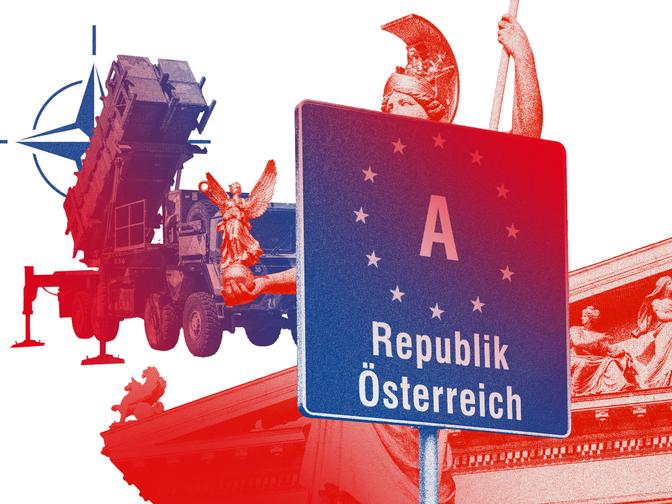 Eine Collage aus dem Nato Stern, einem österreichischem Länderschild, dem Parlament inkl. Statue und einer mobilen Raketenabschussstation.