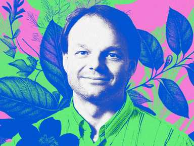 Ein stilisiertes Bild von Jiri Friml mit Pflanzen im Hintergrund.