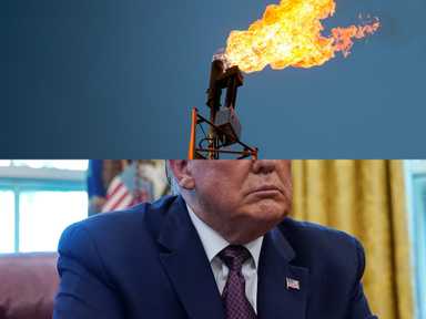 Eine Fotocollage aus Donald Trump und einem Ölbohrturm.