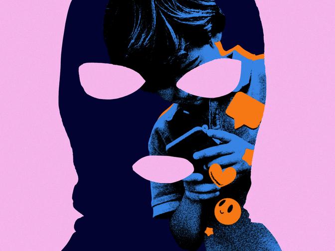 Eine Sturmhaube auf rosa Hintergrund, in der man ein Kind mit einem Handy sieht.