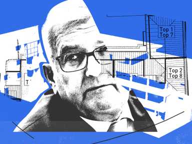 Eine Collage mit dem Gesicht von Alfred Riedl und einer Grundrisszeichnung einer Wohnung.