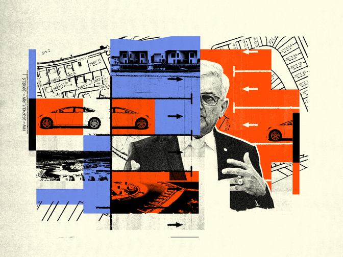 Eine Collage mit Alfred Riedl, PKW Parkplätzen und dem Grafenwörth Sonnenweiher Bauprojekt.