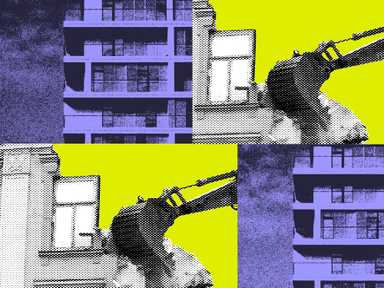 Bildcollage und Illustration eines Hauses, dass gerade abgerissen wird