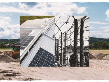 Bildcollage von einer Baustelle im Hintergrund. Im Vordergrund ist ein Foto von einem Gewerbepark und einem KZ Stacheldraht sichtbar.