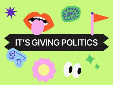 Bunte Collage mit „IT'S GIVING POLITICS“ Text, Lippen, Sprechblase, Augen, Blume, Flagge und Stern auf grünem Hintergrund.