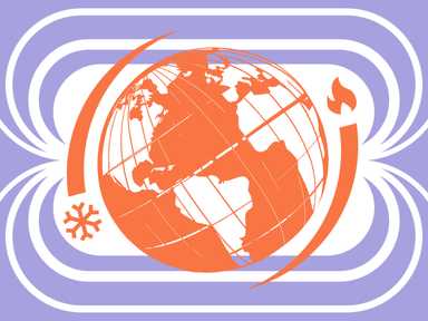 Ein illustrierter Globus, der von einem Eis und Feuer Icon umkreist wird