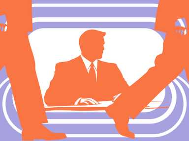 Eine Illustration mit einem Mann im Anzug vor 2 gehenden Menschen im Businesslook.