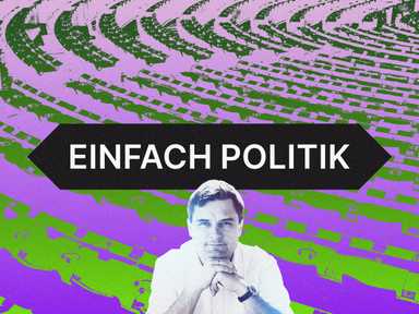 Ein Mann in einem weißen Hemd sitzt nachdenklich unter einem Schild mit der Aufschrift „Einfach Politik“, vor einem Parlament.