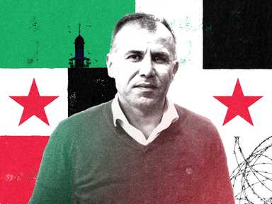 Ein Foto von Nahost-Experte Aziz, vor einer Collage mit der syrischen Republik.