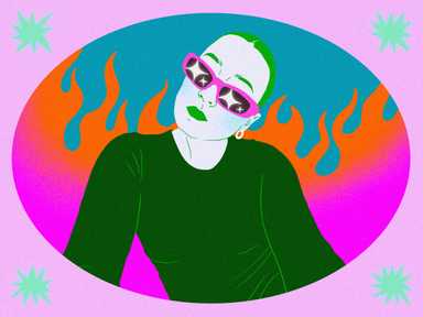 Illustration von Verena Bogner in bunten Farben mit Flammen im Hintergrund und einem Rahmen mit Sternen.