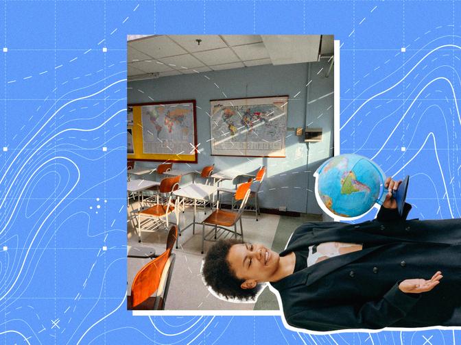 Eine Collage mit einem altmodischen Klassenzimmer und einer Person die einen Globus in der Hand hält.