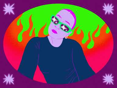 Illustration von Verena Bogner in bunten Farben mit Flammen im Hintergrund und einem Rahmen mit Sternen.