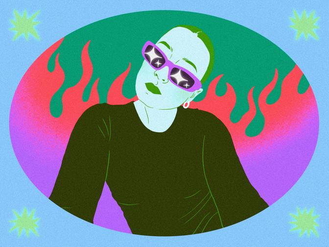Illustration von Verena Bogner in bunten Farben mit Flammen im Hintergrund und einem Rahmen mit Sternen.