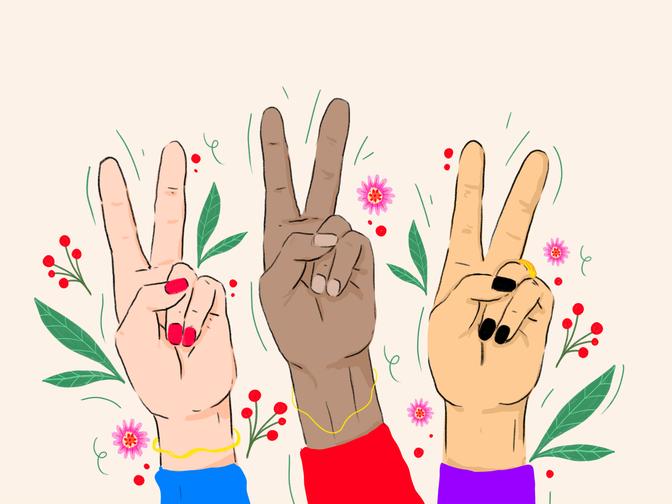 Drei Hände zeigen das Peace-Zeichen.