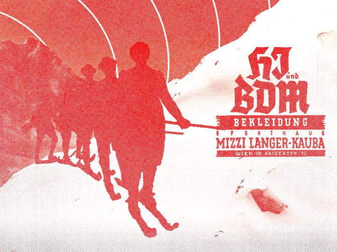 Eine Collage die ein Foto von Marie Langer-Kauba und eine Zeitungsanzeige ihres Geschäfts beinhaltet.