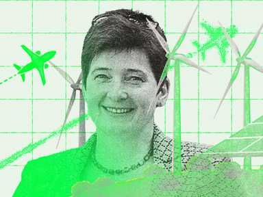 Ein Foto von Sigrid Stagl mit verschiedenen Elementen aus den Bereichen Klimawirtschaft.