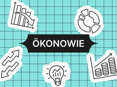 Illustration mit Graphen, Zahnrädern und einer Glühbirne auf einem Gitterhintergrund. Der zentrale Text lautet „ÖKONOWIE“ in fetten Buchstaben.