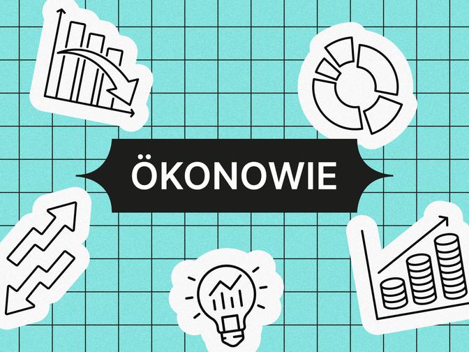 Illustration mit Graphen, Zahnrädern und einer Glühbirne auf einem Gitterhintergrund. Der zentrale Text lautet „ÖKONOWIE“ in fetten Buchstaben.