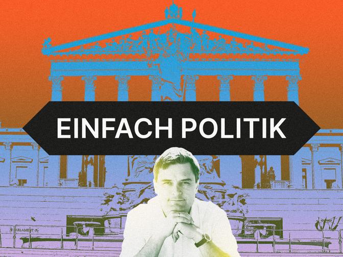 Mann im weißen Hemd mit nachdenklicher Pose vor dem Österreichischen Parlament. Der Text lautet „EINFACH POLITIK“.