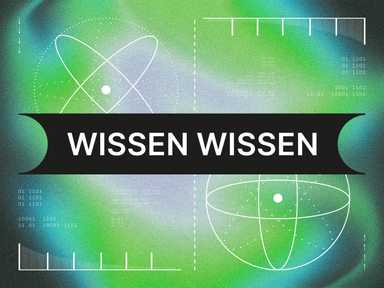 Abstraktes Design mit sich überlappenden weißen geometrischen Mustern auf einem Hintergrund mit Farbverlauf. Zentrales schwarzes Banner mit dem Text „WISSEN WISSEN“.