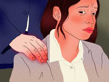 Illustration einer besorgten Frau in einem grauen Blazer mit Polka-Punkten, auf deren Schulter eine Männerhand ruht, was Unbehagen suggeriert.