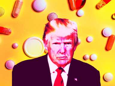 Trump mit ernster Miene, umgeben von verschiedenen Pillen auf einem leuchtend gelben Hintergrund.