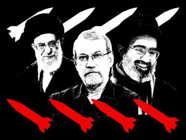 Drei Männer (Ali Khameneini, Ali Larijani, Mojitaba Khameini) in einem stilisierten Schwarz-Weiß-Rot-Design mit Raketen im Hintergrund.