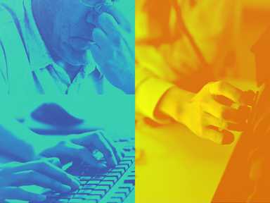 Eine Collage bestehend aus einer Person mit Schmerzen, einem Bild von tippenden Händen auf einer Tastatur und einem Arzt der das Stethoskop anlegt.