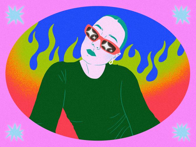 Illustration von Verena Bogner in bunten Farben mit Flammen im Hintergrund und einem Rahmen mit Sternen.