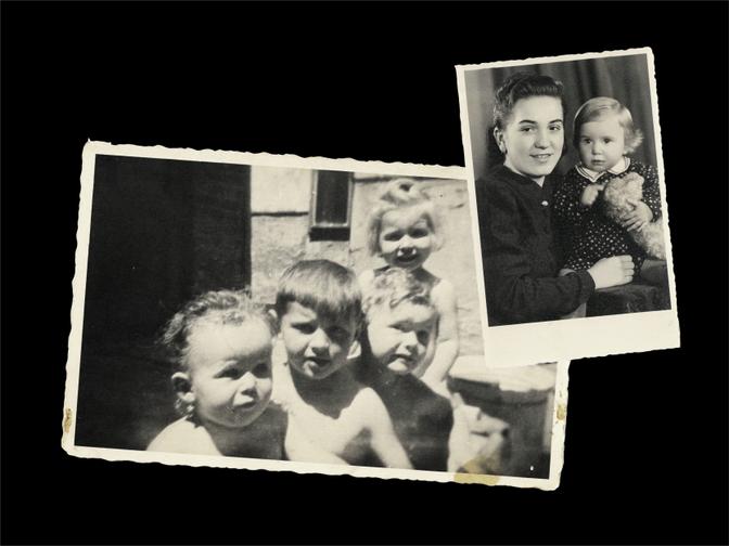 Zwei alte Fotografien, auf einer sind vier Kinder zu sehen, auf der anderen ein Portrait von einer Mutter mit ihrer Tochter