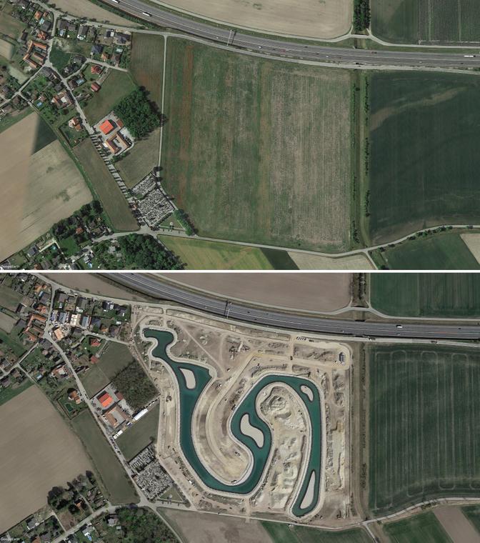 Zwei Satellitenbilder. Das obere zeigt eine grüne Ackerfläche. Beim unteren sind die Äcker verschwunden, es zeigt eine Baustelle mit künstlichem See.
