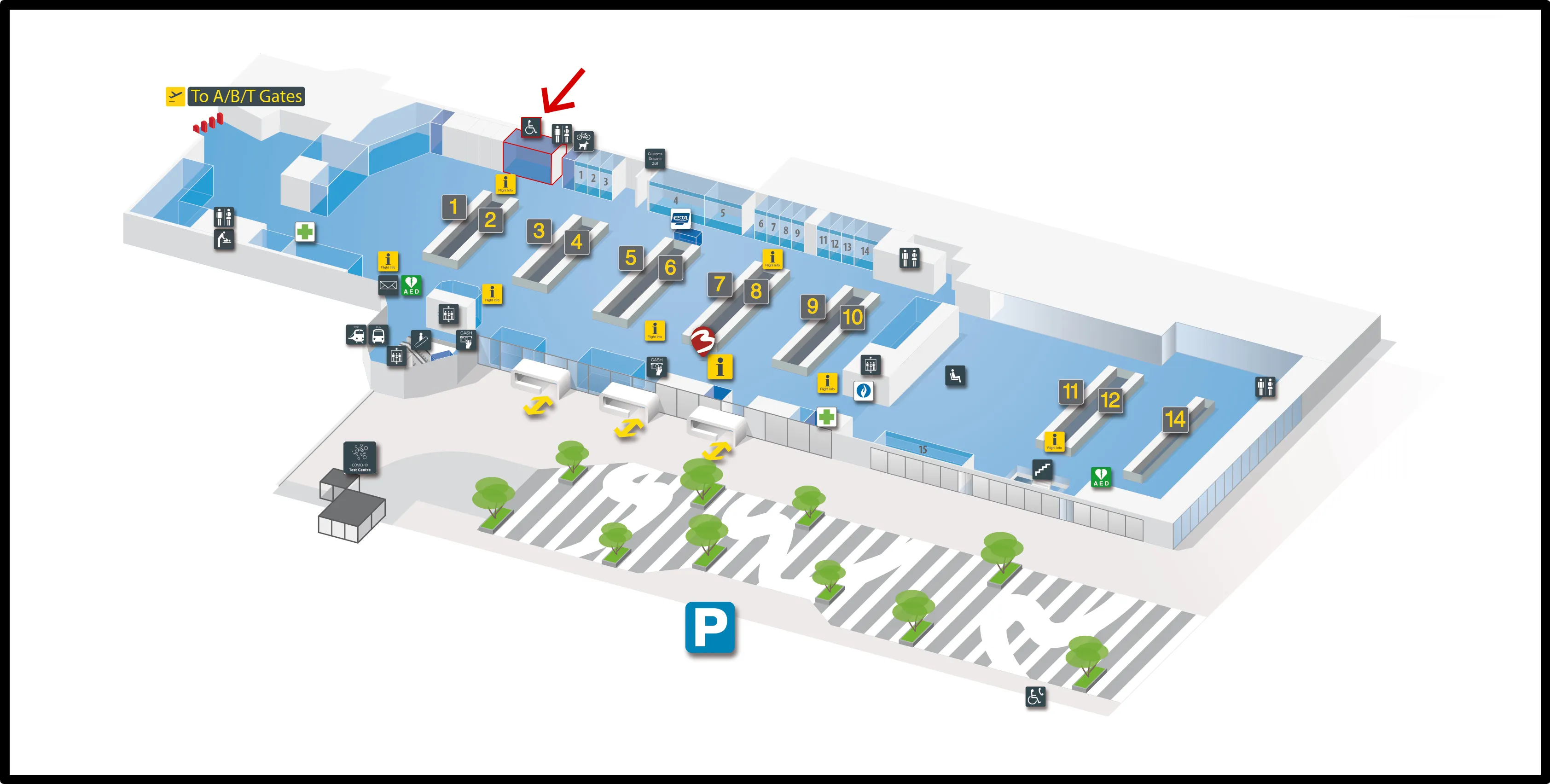 3D airport terminal map with numbered gates, amenities icons, parking, and directional signs. Red arrow indicates a specific area.