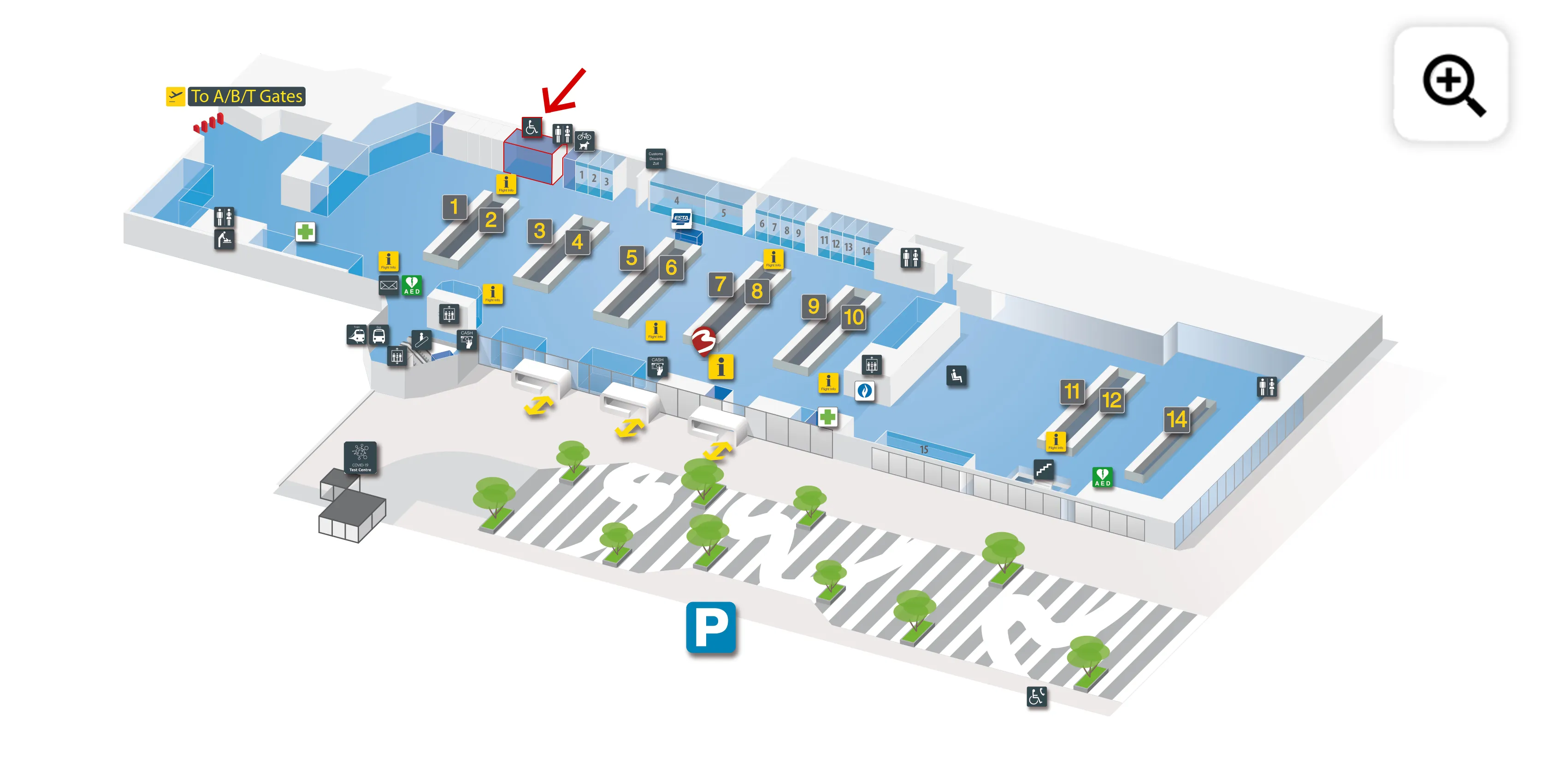 3D airport terminal map showing check-in counters, security, restrooms, parking, and gates direction. Red arrow indicates a specific area.