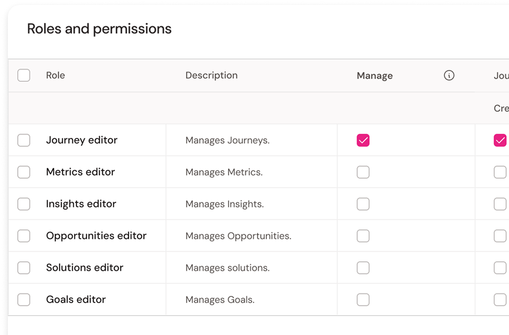Roles and permissions table with checked "Journey editor" for managing journeys. Other roles include Metrics, Insights, and Goals editors.