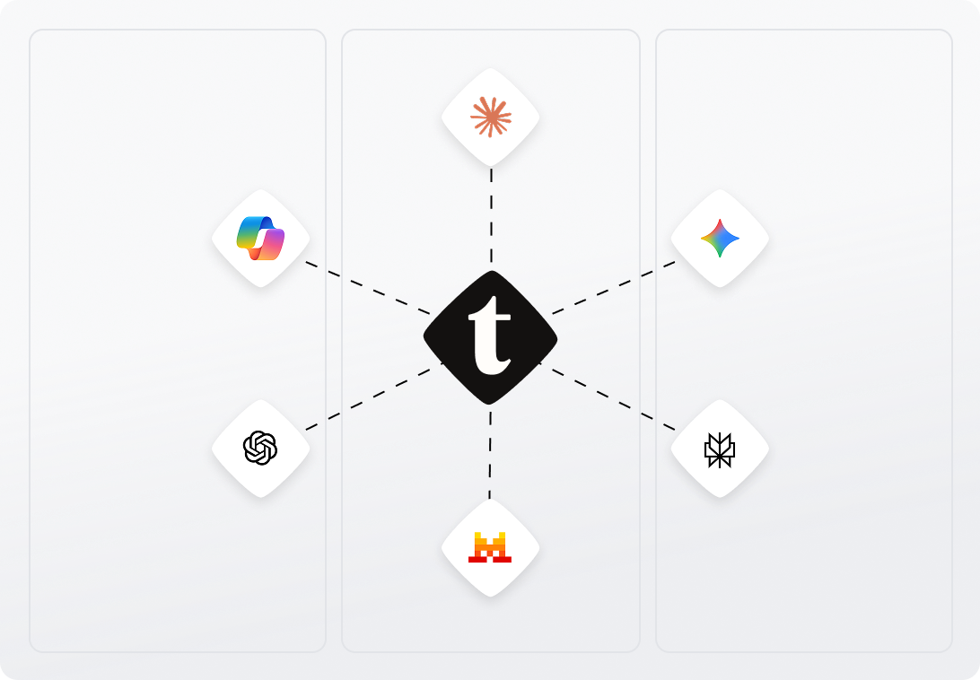 Central black diamond with "t," connected by dashed lines to six various icons in a network layout.