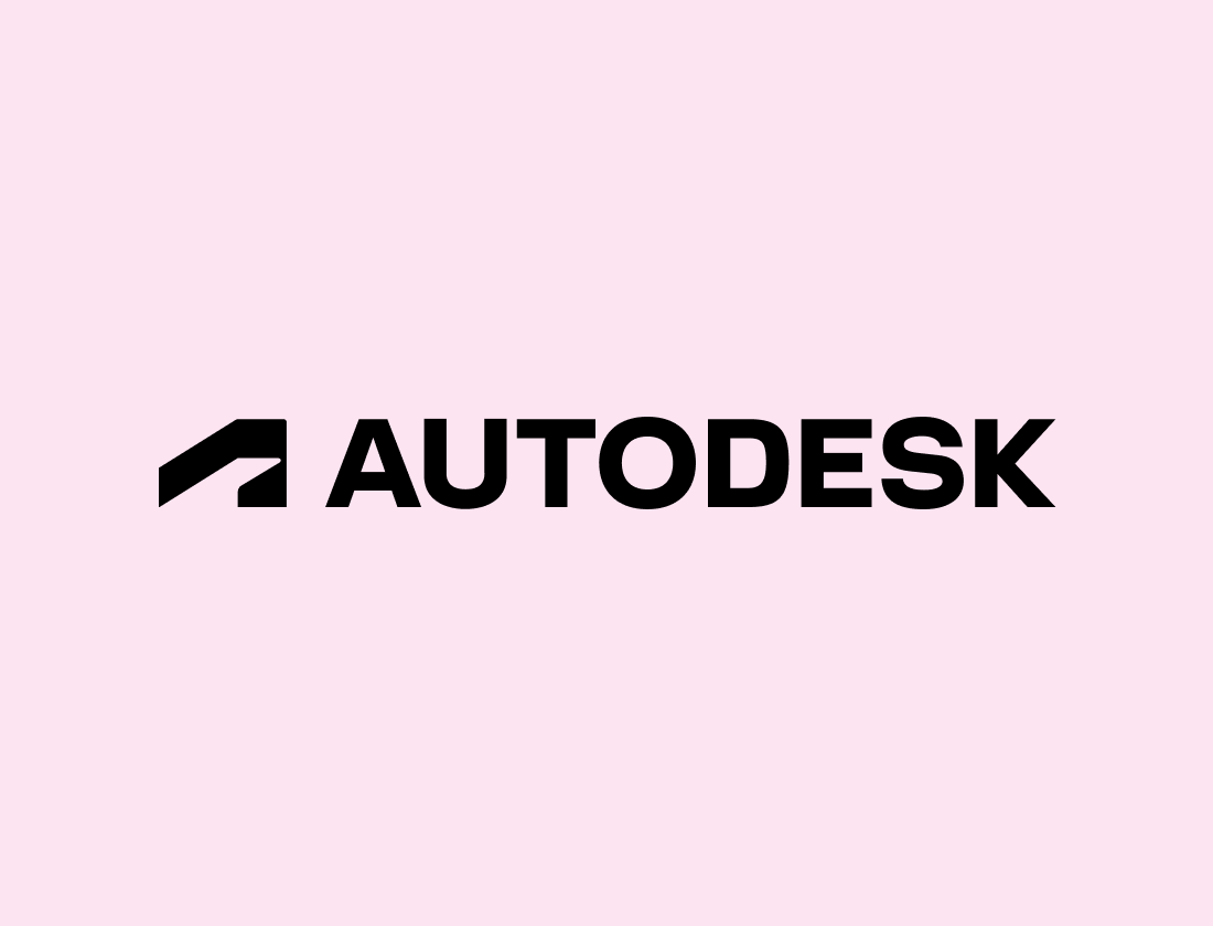 The image shows the Autodesk logo with bold black text and a geometric icon on a light pink background.