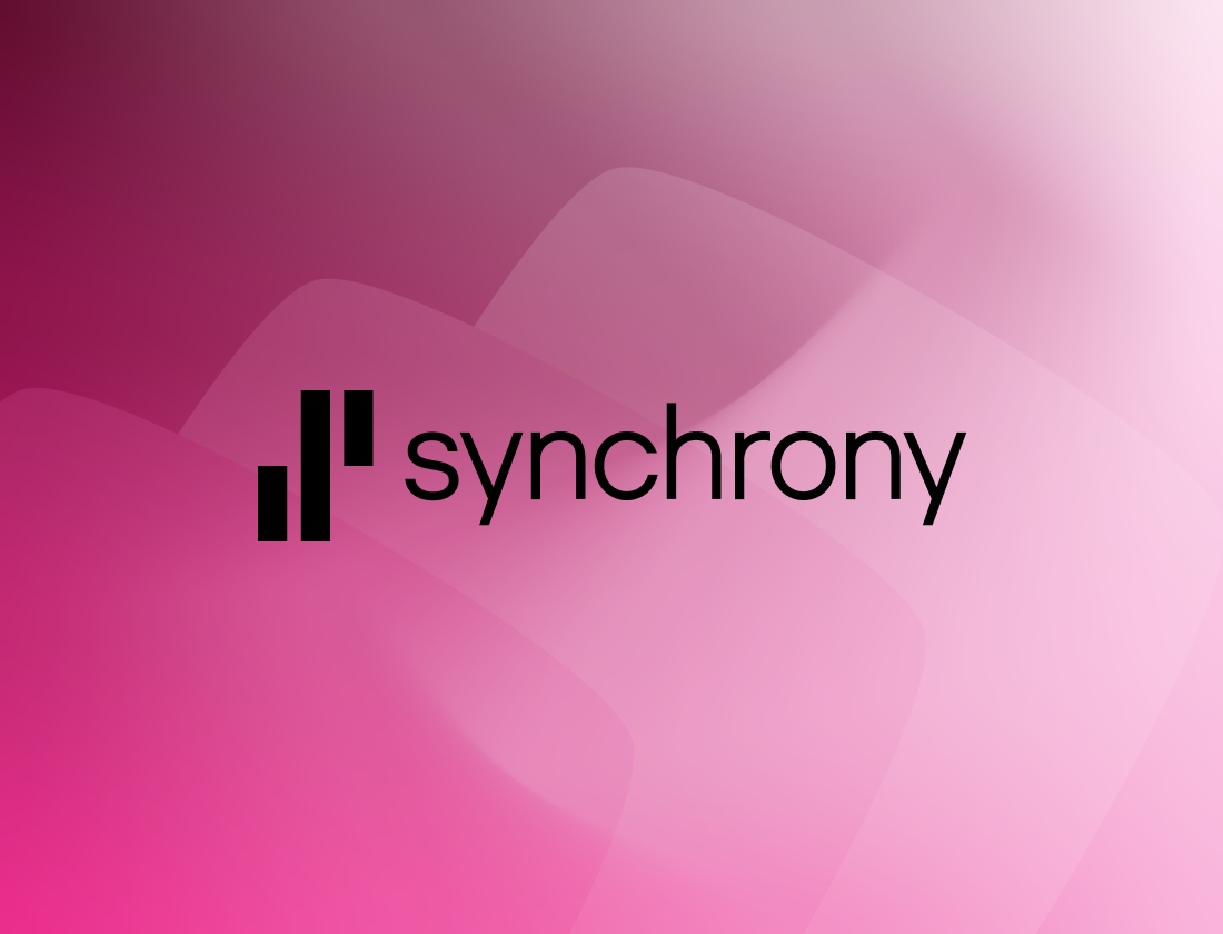The image features the word "synchrony" in black font on a pink gradient background with abstract shapes.
