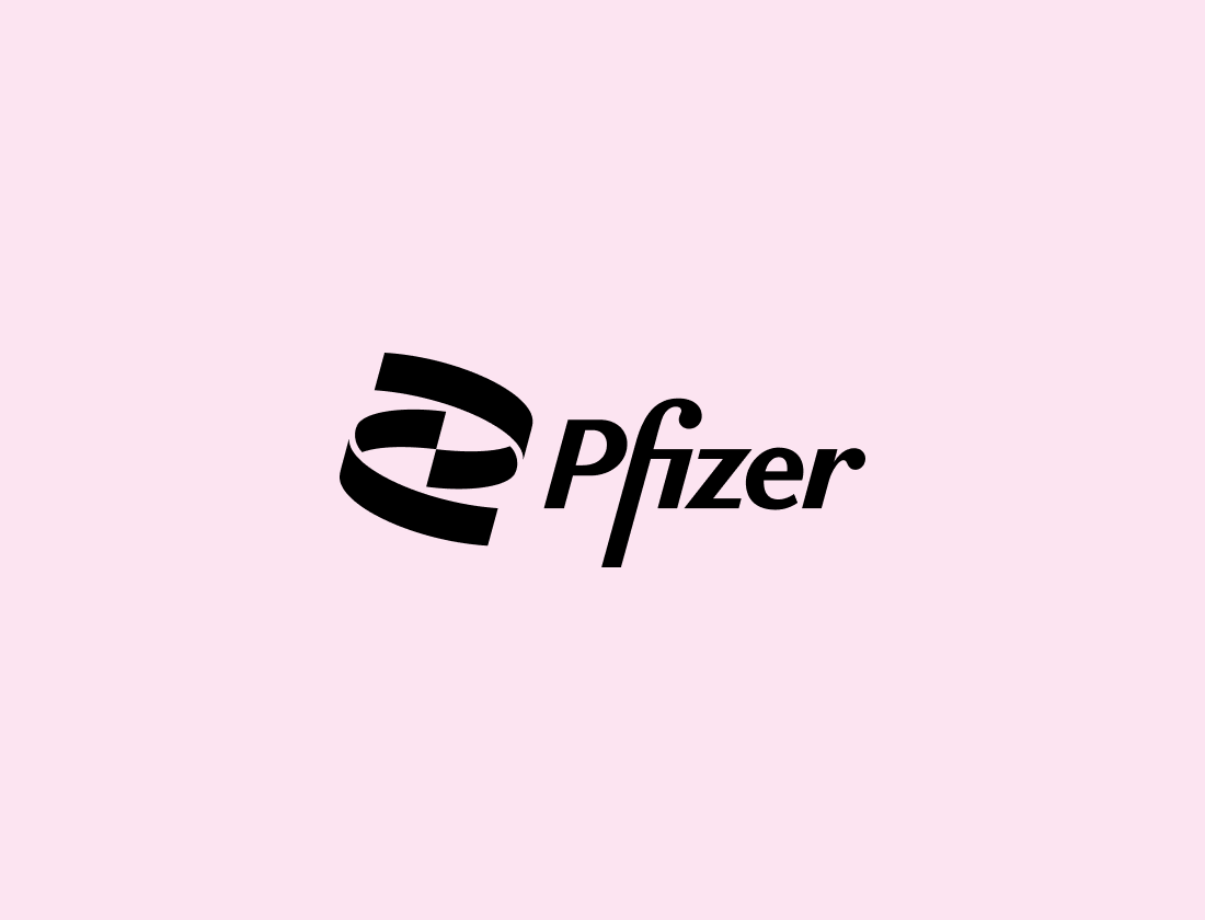 Black Pfizer logo on a light pink background.