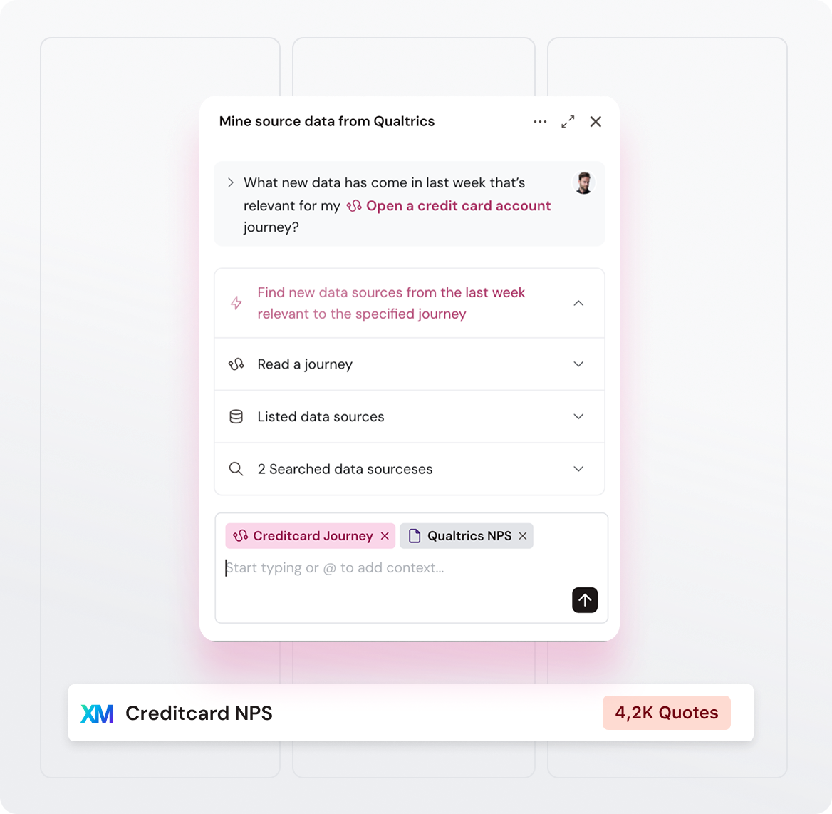 Qualtrics interface for mining credit card account data, displaying options to read journeys, list data sources, and search results.