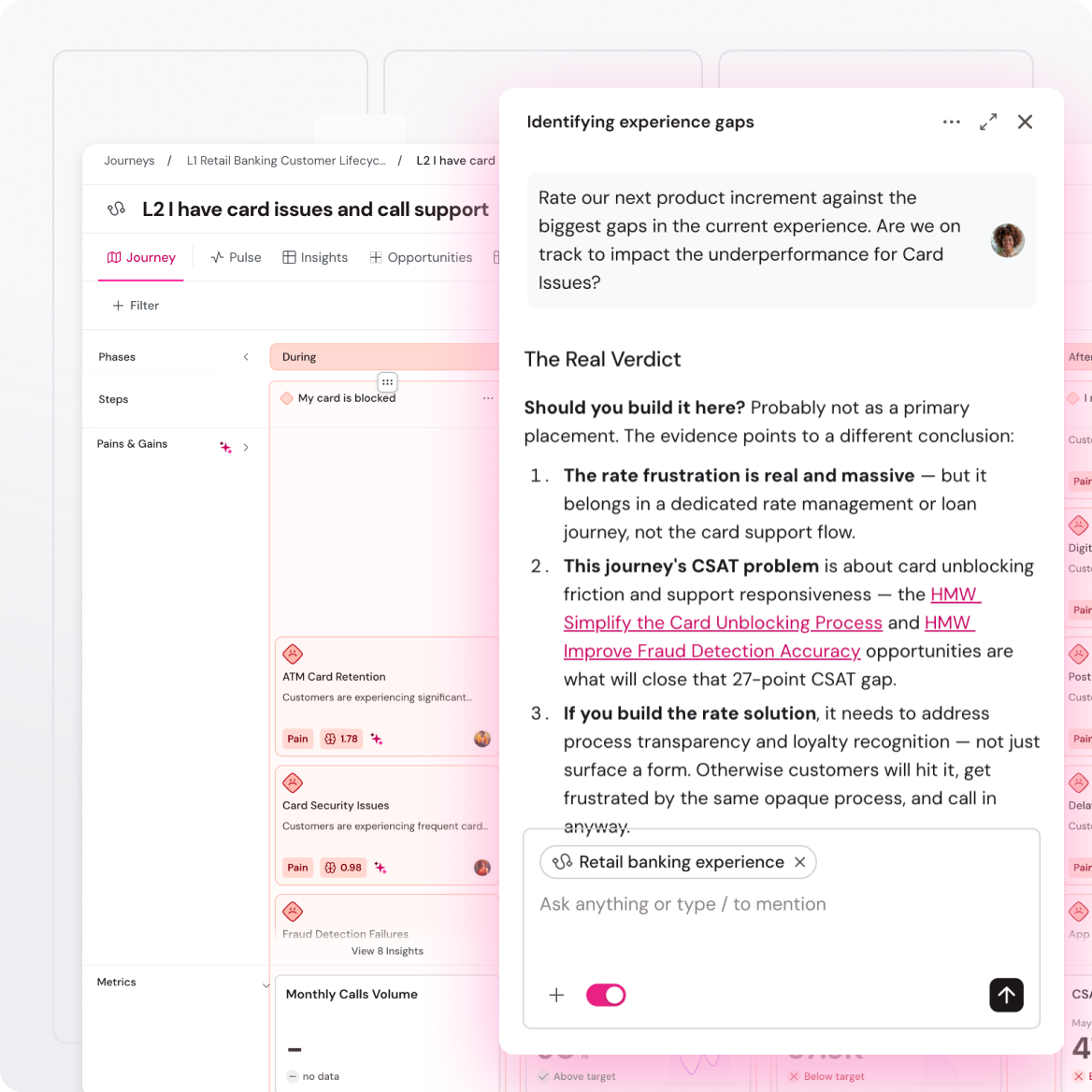 Digital interface with a customer journey map and analysis on card support issues, highlighting experience gaps and suggested improvements.