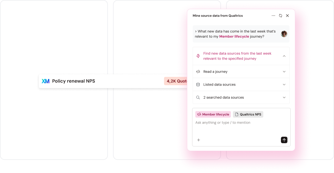 Qualtrics interface displays "Policy renewal NPS" and data mining options for member lifecycle, with search features and data source listings.