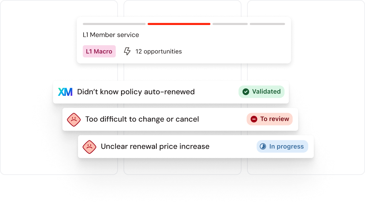 Flowchart showing L1 Member service with three issues: policy auto-renewed (validated), difficult cancellation (to review), price increase (in progress).