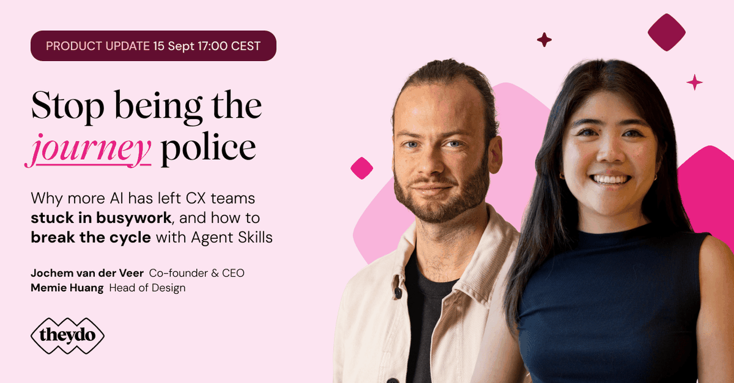 Promotional image for a product update featuring a man and a woman with text about AI, busywork, and CX teams, scheduled for 15 Sept, 17:00 CEST.