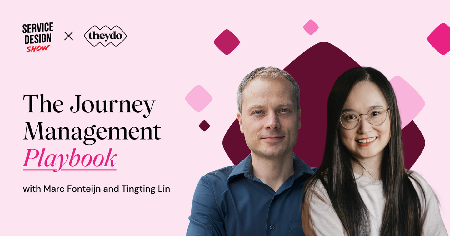 Promotional image for "The Journey Management Playbook" with Marc Fonteijn and Tingting Lin, featuring geometric patterns and logos.