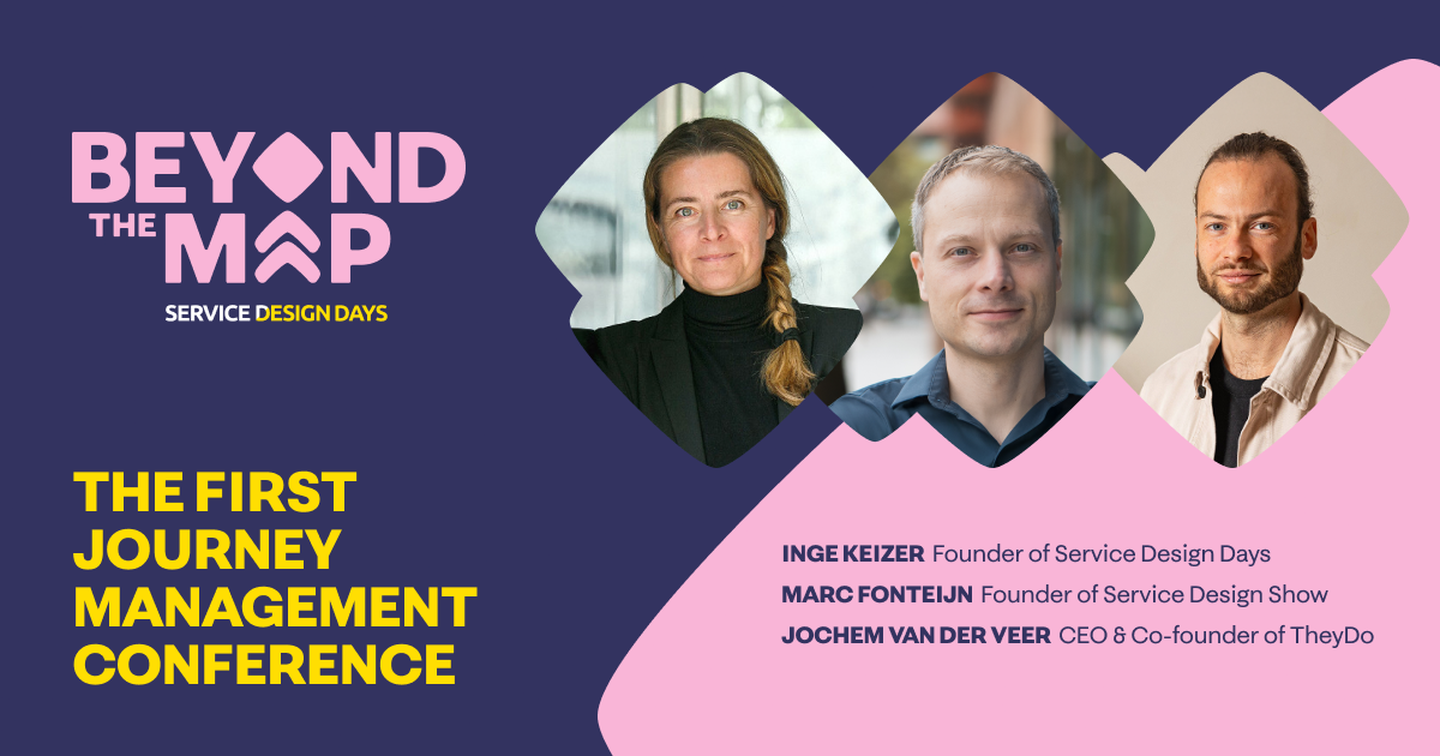 Promotional image for "Beyond the Map" conference featuring three speakers with their titles and roles, against a blue and pink background.