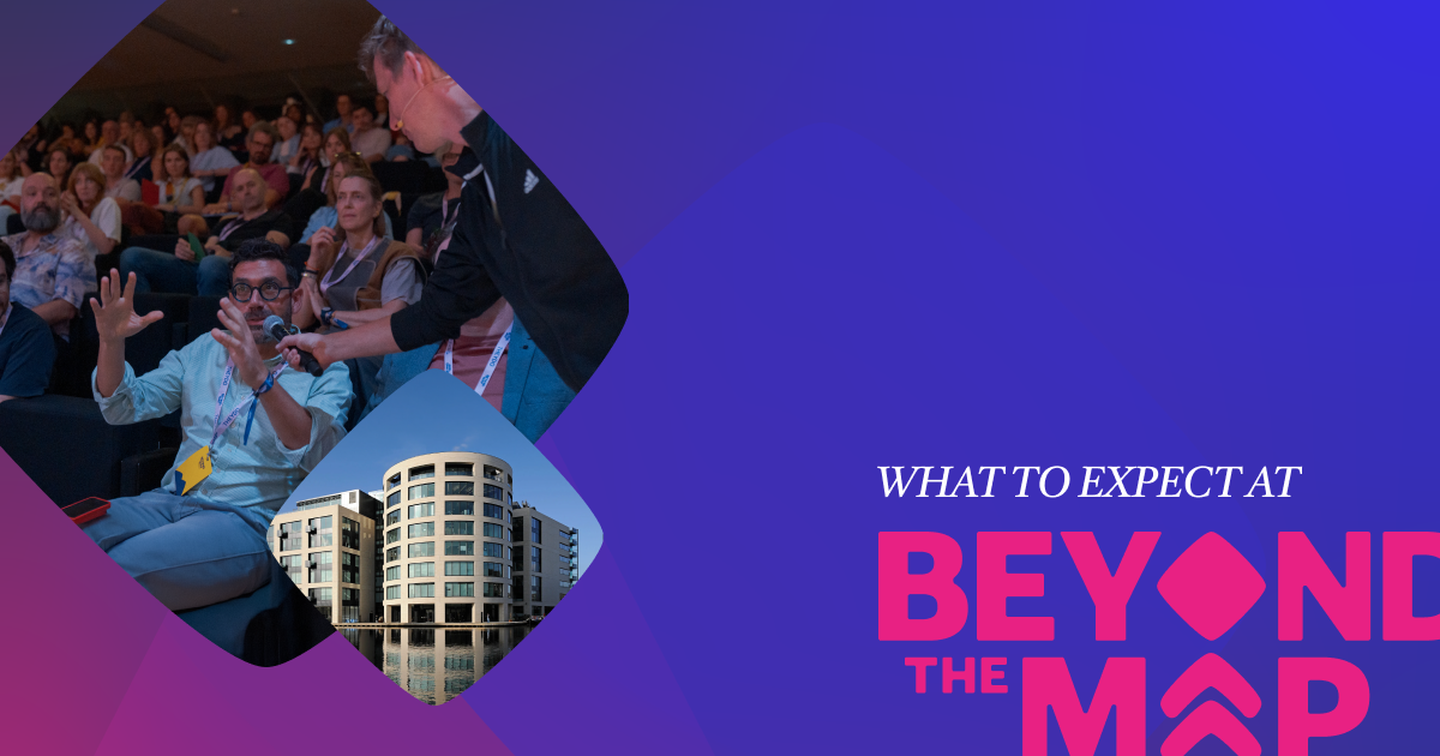 Audience at an event with a speaker taking questions, and an inset image of a modern building. Text reads, "What to expect at Beyond the Map."
