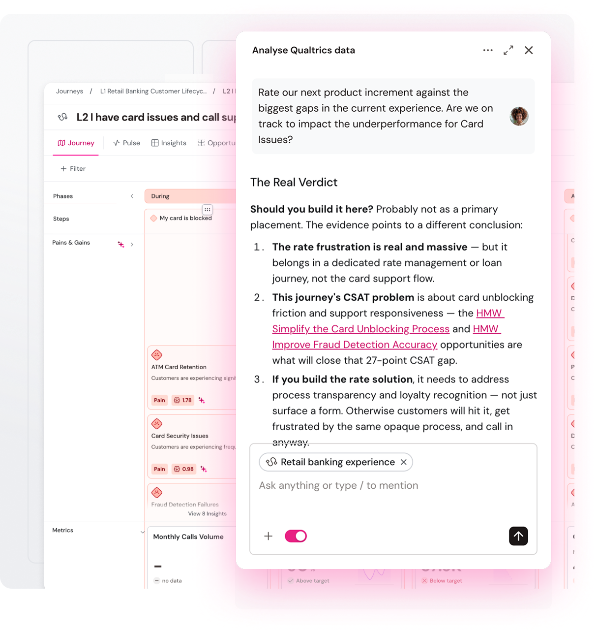 Screenshot of a Qualtrics data analysis interface detailing customer feedback on card issues, with a focus on CSAT and process improvements.
