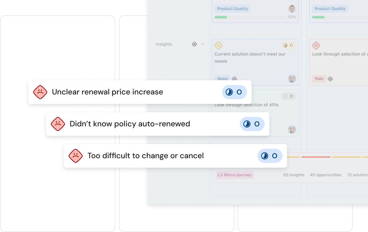 Interface showing user feedback with three negative comments: unclear renewal price increase, unknown policy auto-renewal, and difficulty in changing or canceling.
