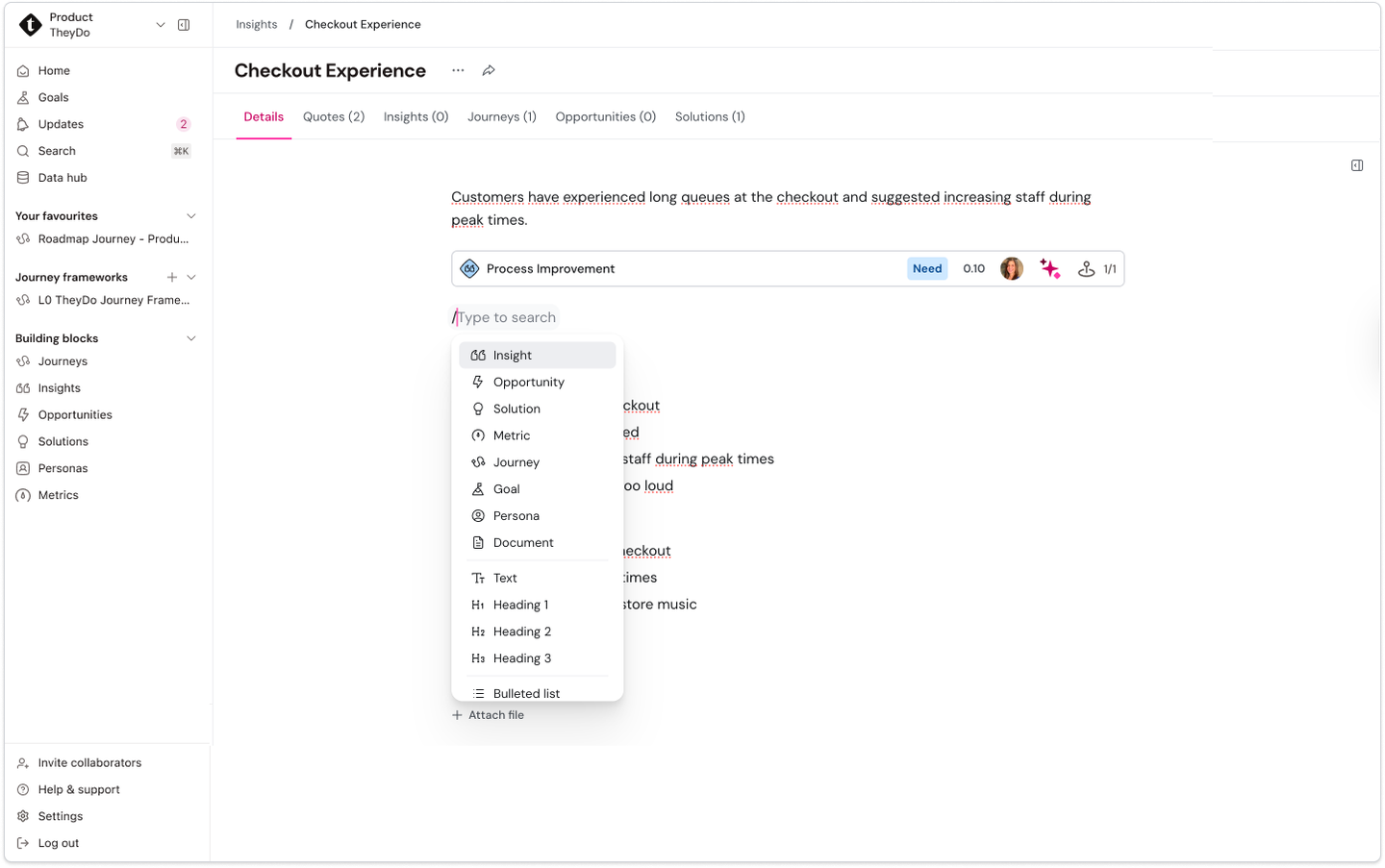 Dashboard displaying a "Checkout Experience" report with suggestions for process improvement in increasing staff during peak times.