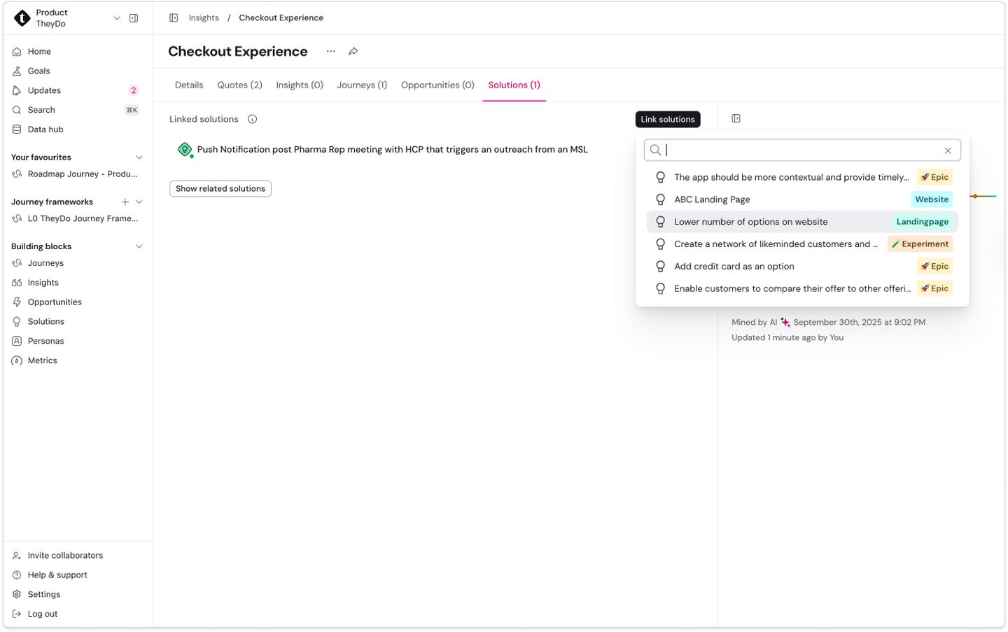 Dashboard showing "Checkout Experience" with options for linked solutions, featuring a search bar and various solution suggestions.
